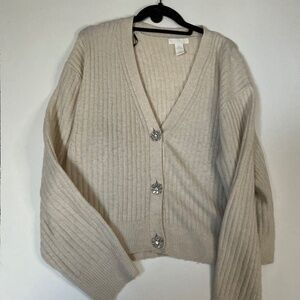 H&M beige knit cardigan with rhinestone buttons  Lg
